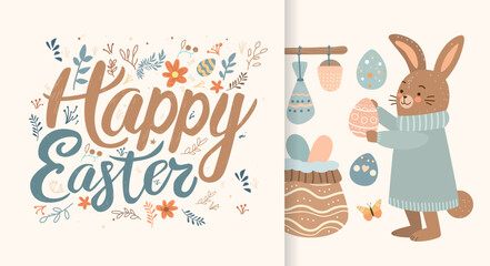 Happy Easter greeting card elements collection with eggs in pastel colors spring holiday celebration card