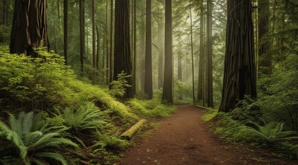   A dirt trail winds through a forest, flanked by abundant trees and ferns on either side - obrazy, fototapety, plakaty