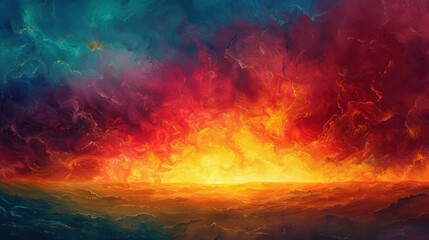 Dramatic Abstract Fiery Sky and Sea Painting. 