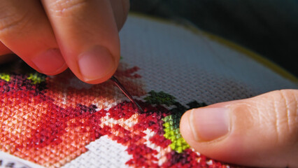 A close-up of hands doing cross stitch embroidery with colorful threads.