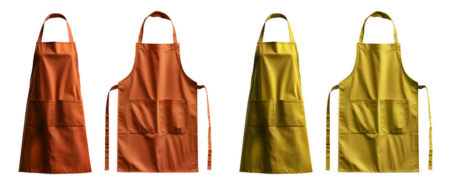 2 Set of yellow orange mustard blank apron restaurant cafe kitchen cook chef uniform, front and flay lay on transparent cutout, PNG file. Mockup template for artwork graphic design