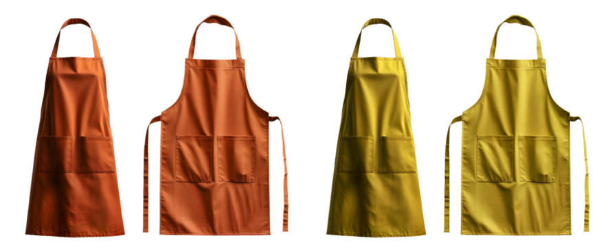 2 Set of yellow orange mustard blank apron restaurant cafe kitchen cook chef uniform, front and flay lay on transparent cutout, PNG file. Mockup template for artwork graphic design