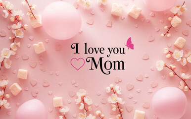 Heart balloon and wooden cubes on pastel pink 
wooden table, "I love you, mom" message banner. happy mother's Day greeting card, top view