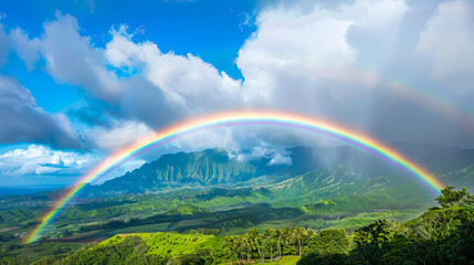 Fototapeta premium Scenic view large rainbow arcing from left to right in Wide blue sky.