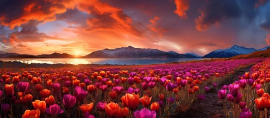 Tuinposter Beautiful pink tulips blooming in a field as the sun sets in the background, creating a stunning and colorful scenery © AkuAku