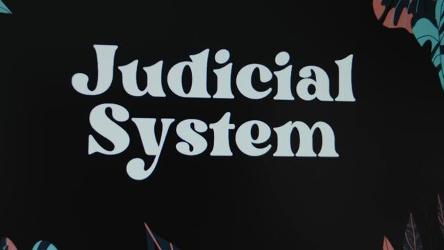 Judicial System inscription on black background, graphic presentation. Legal concept