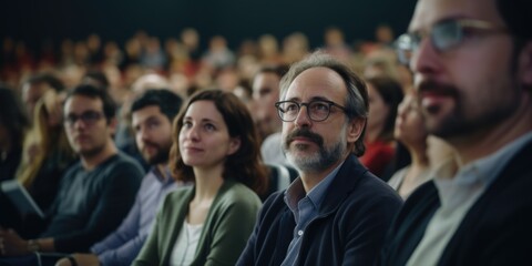 A man with glasses is sitting in a crowd of people