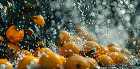 A bunch of fresh oranges floats in water