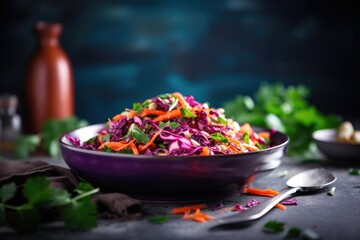 A bowl of food with a purple bowl and a spoon