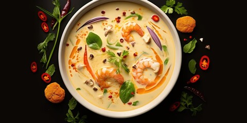 A bowl of soup with shrimp and vegetables