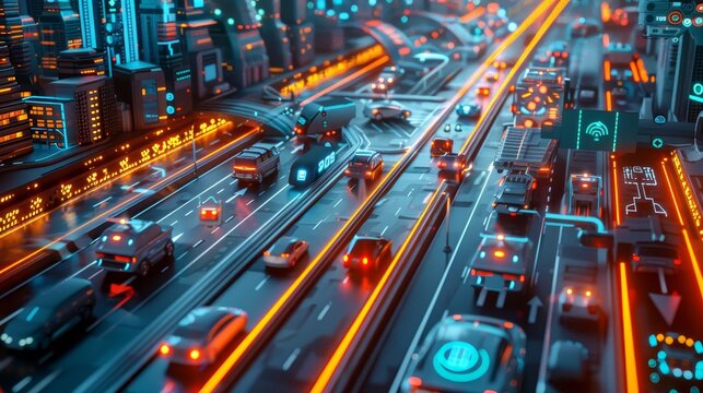 A 3D illustration of a transportation hub managed by autonomous vehicles