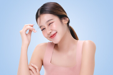 Close-up portrait of young Asian beautiful woman with K-beauty make up style and healthy and...