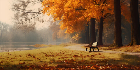 A bench by the lake in autumn, Sunny landscape in fall park, autumn season background orange park, Autumn weather in the park Autumn atmosphere Background wallpaper AI Generated