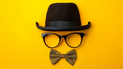 hat, glasses and mustache on tellow background. Father"s day holiday. Movember concept.