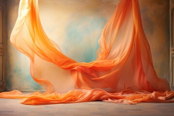 Elegant orange fabric flowing in grand hall - obrazy, fototapety, plakaty
