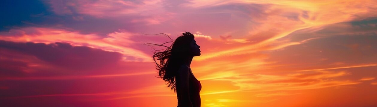 Silhouette of a woman against a stunning sunset sky, with vibrant colors painting the background