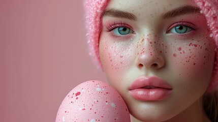   A woman, close-up, dons a pink hat Two pink eggs before her