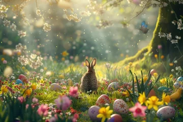 Gordijnen A rabbit is nestled among the flowers in a meadow surrounded by lush green grass and beautiful natural landscape in a forest AIG42E © Summit Art Creations