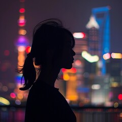 Silhouette of a woman standing against the backdrop of a city skyline, with skyscrapers and urban lights glowing in the background