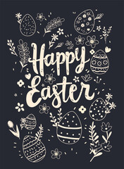 Happy Easter greeting card with eggs and flowers spring holiday celebration banner vertical