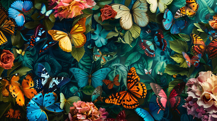 Elegant product amidst a dance of vibrant butterflies, vivid colors weaving a story of beauty and allure. - obrazy, fototapety, plakaty