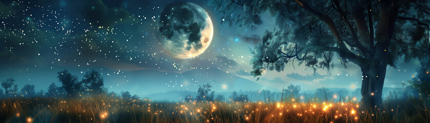 Fantasy summer night scene with a glowing moon, fireflies, and a dreamy landscape, with a banner-sized copy space in the upper portion - obrazy, fototapety, plakaty