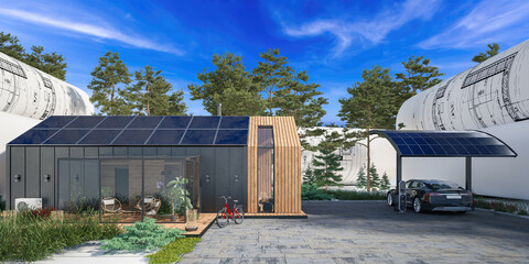 Energy supply at a sustainable family house with solar carport (blue sky in background) - 3D visualization
