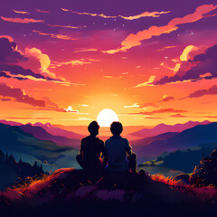  two friend sitting on a hill sunset scene vector illustration.
