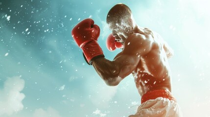 A powerful boxer training under bright sunlight, with a close-up of a red glove and water droplets in the air.