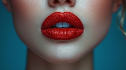   A woman's face, sharply focused Lips painted bold in red against a tranquil backdrop of blue
