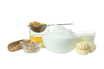 PNG, Chickpeas, cream in bowl and glass, aquafaba and marshmallow, isolated on white background