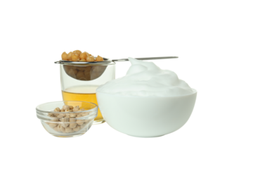 PNG, Bowl with cream and chickpeas, glass  with aquafaba, isolated on white background