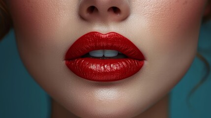  red lipstick marks her lips, white eye shadow adorns her eyelids