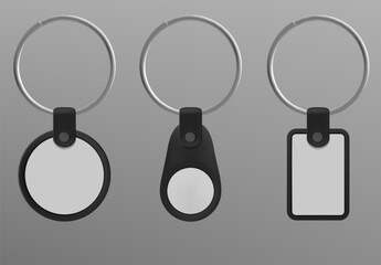 Keychain on metal ring realistic 3d vector set. Black leather and white plastic key holder mockup. Different shapes of pendant label souvenir for branding design. Template of trinket accessory.