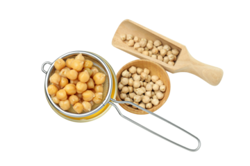 PNG, Aquafaba in glass and chickpeas in bowl and scoop, isolated on white background, top view