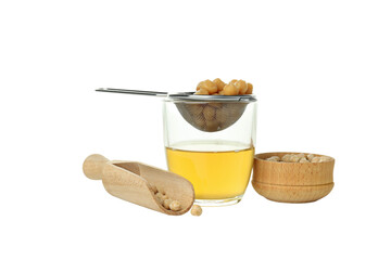 PNG, Aquafaba in glass and chickpeas in bowl and scoop, isolated on white background