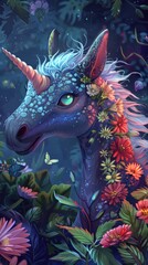 A painting of a unicorn surrounded by flowers