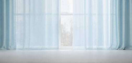 Sunny backlit window with delicate translucent curtains in an empty room, abstract light background, minimalist interior design. Generative AI