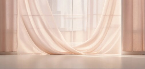 Empty room with backlit window and delicate curtains, minimalist interior design, serene ambiance, interior decor concept, website banner, tranquil atmosphere. Generative AI - obrazy, fototapety, plakaty