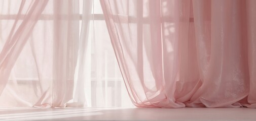 Delicate translucent curtains in backlit window, minimalist interior design, empty room ambiance, soft light concept, website header with copy space. Generative AI
