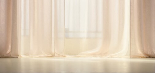 Soft light through translucent curtains in empty room, minimalist interior design, backlit window concept, tranquil ambiance, website header with copy space. Generative AI - obrazy, fototapety, plakaty