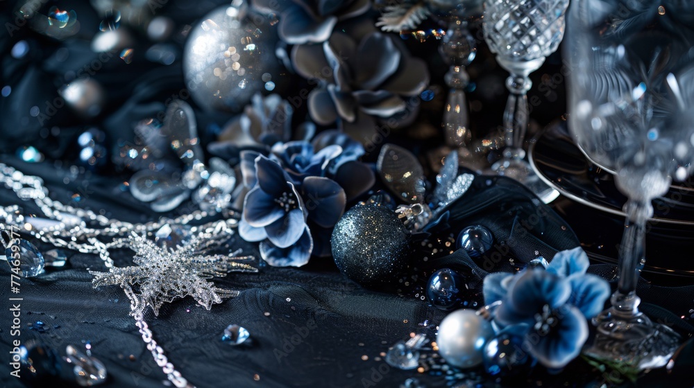 Poster A table topped with silver and blue decorations