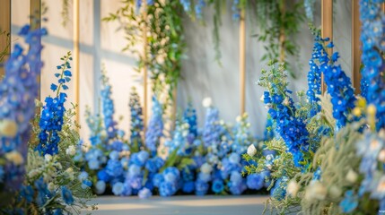 Fototapeta na wymiar A bunch of blue flowers in a room