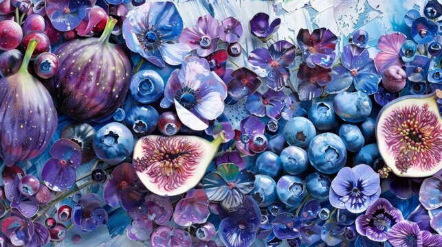 A painting of figs, blueberries, and purple flowers