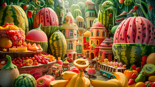 An aerial view of a 3D city where each district is themed after different fruits, with banana-shaped buses and watermelon houses, creating a colorful, joyous urban quilt