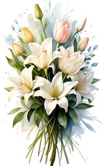 Elegant White Floral Bouquet Illustration,A beautiful illustration of an elegant bouquet with white flowers and green foliage, perfect for wedding designs and invitations