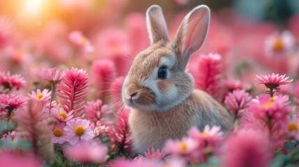   A rabbit sits in a field, surrounded by pink and yellow blooms Sun illuminates background