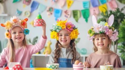 Obraz na płótnie Canvas happy girls with flower crowns are smiling at a table adorned with Easter eggs, sharing in the joy of a fun arts and crafts event AIG42E