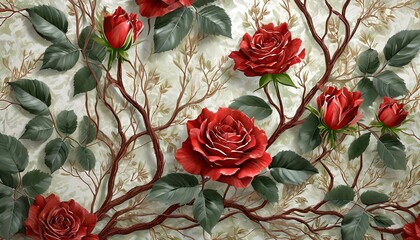 Floral Abundance: 3D Texture of Branches Laden with Red Roses