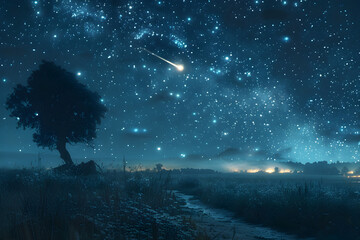 Beautiful starry night sky field scenery - obrazy, fototapety, plakaty